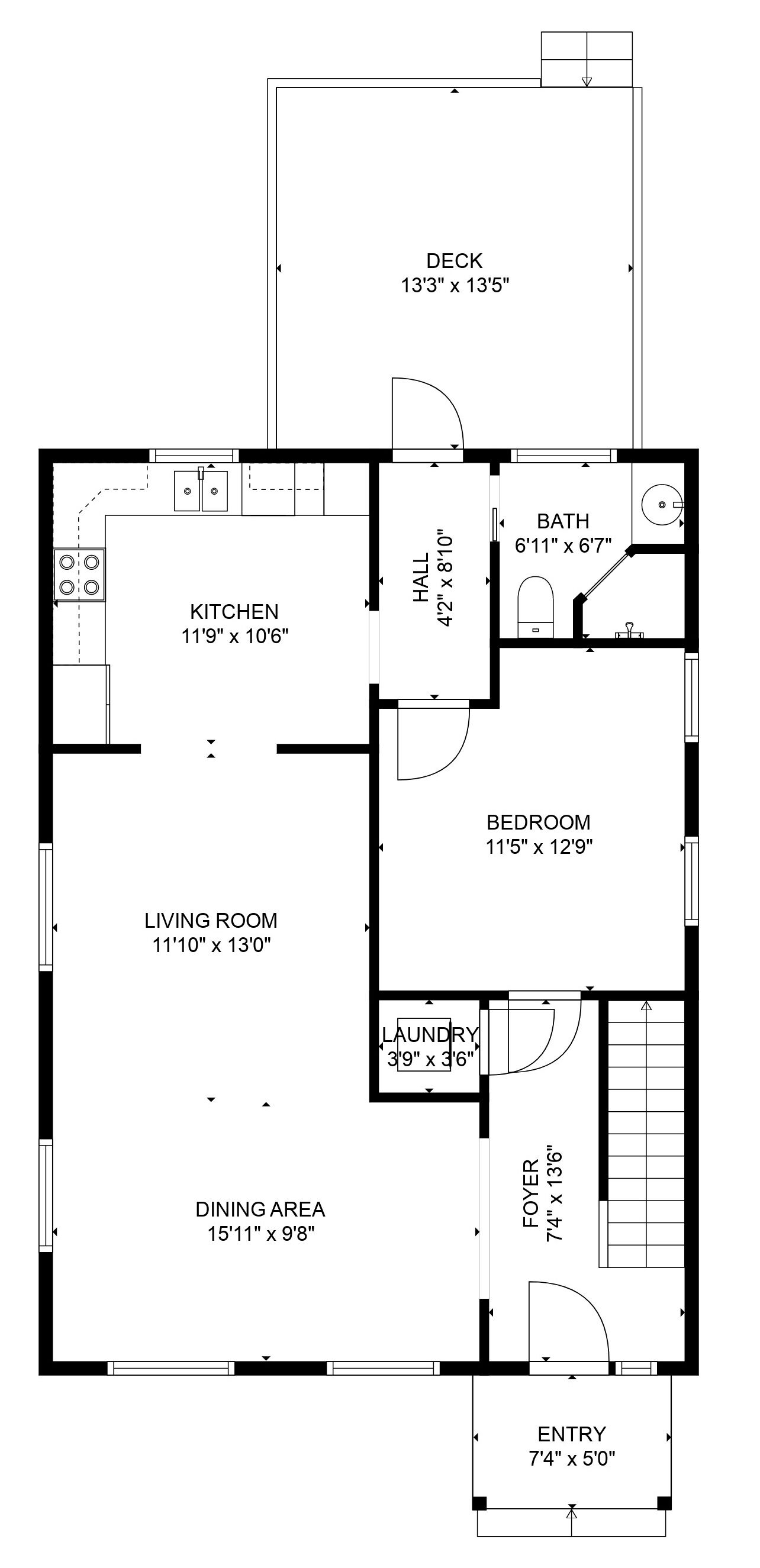 Plano de planta que muestra cocina, sala de estar, comedor, lavandería, dormitorio, baño, vestíbulo, entrada y terraza.