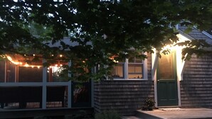 Une maison avec une terrasse en bois, une porte verte et des guirlandes lumineuses.