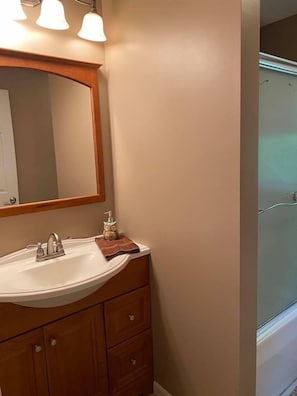 Combined shower/bathtub, hair dryer, towels, soap