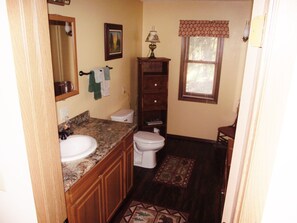 Combined shower/bathtub, hair dryer, towels, soap