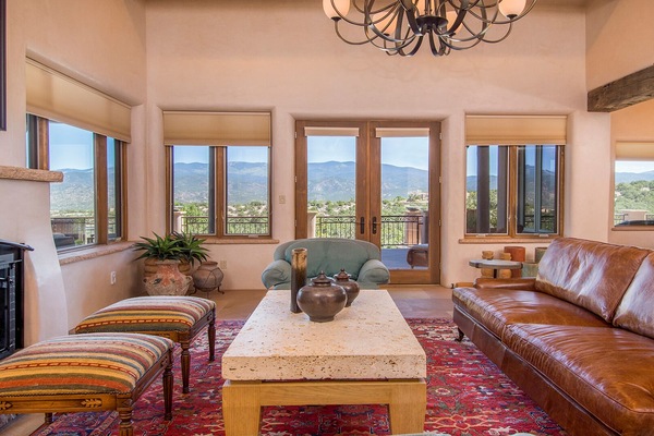 Elegant living room leads to east portal