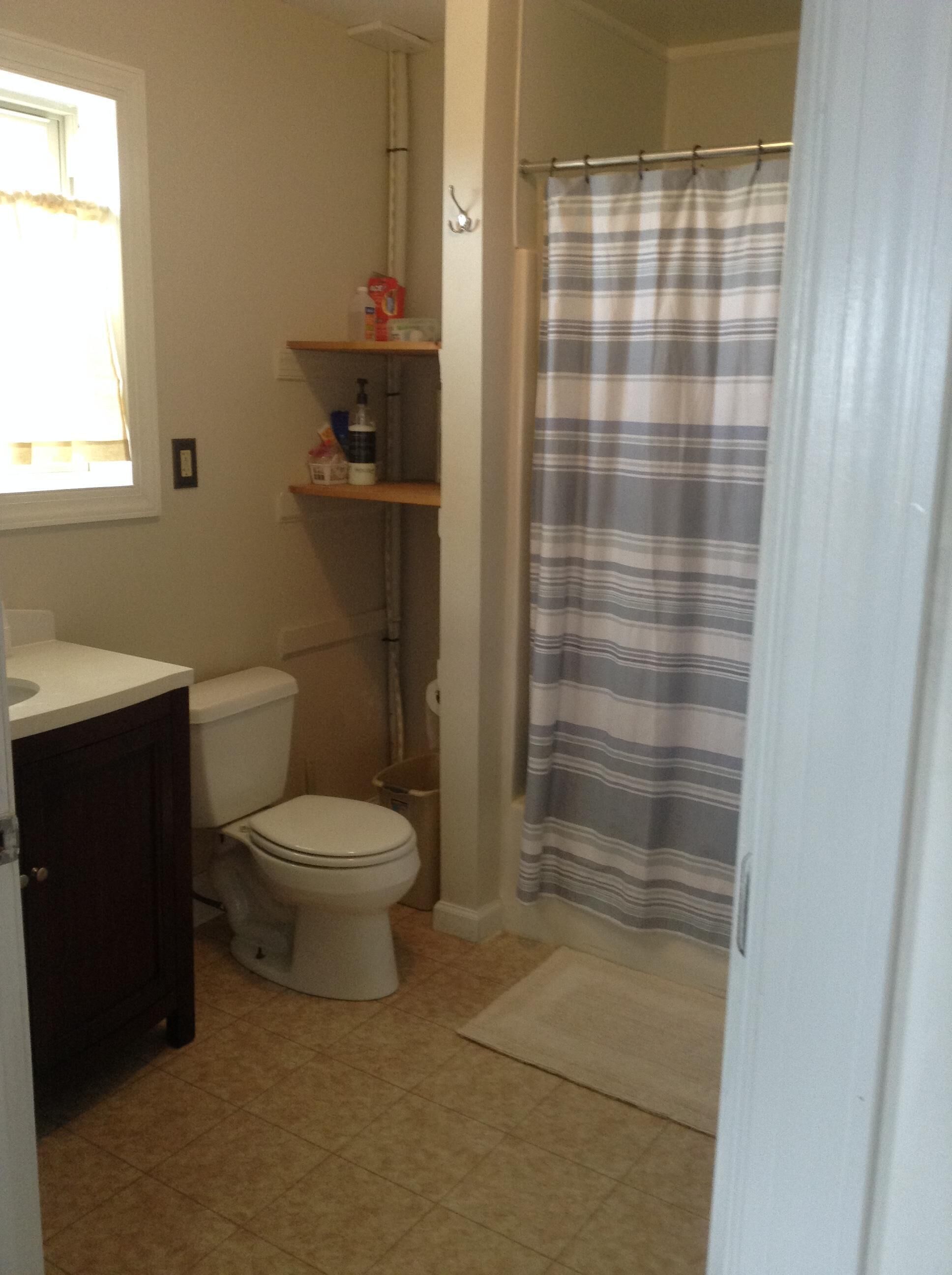 A bathroom with a toilet, a shower curtain, and a shelf with toiletries.