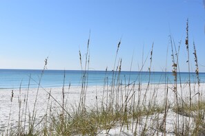 On the beach, sun-loungers, beach towels