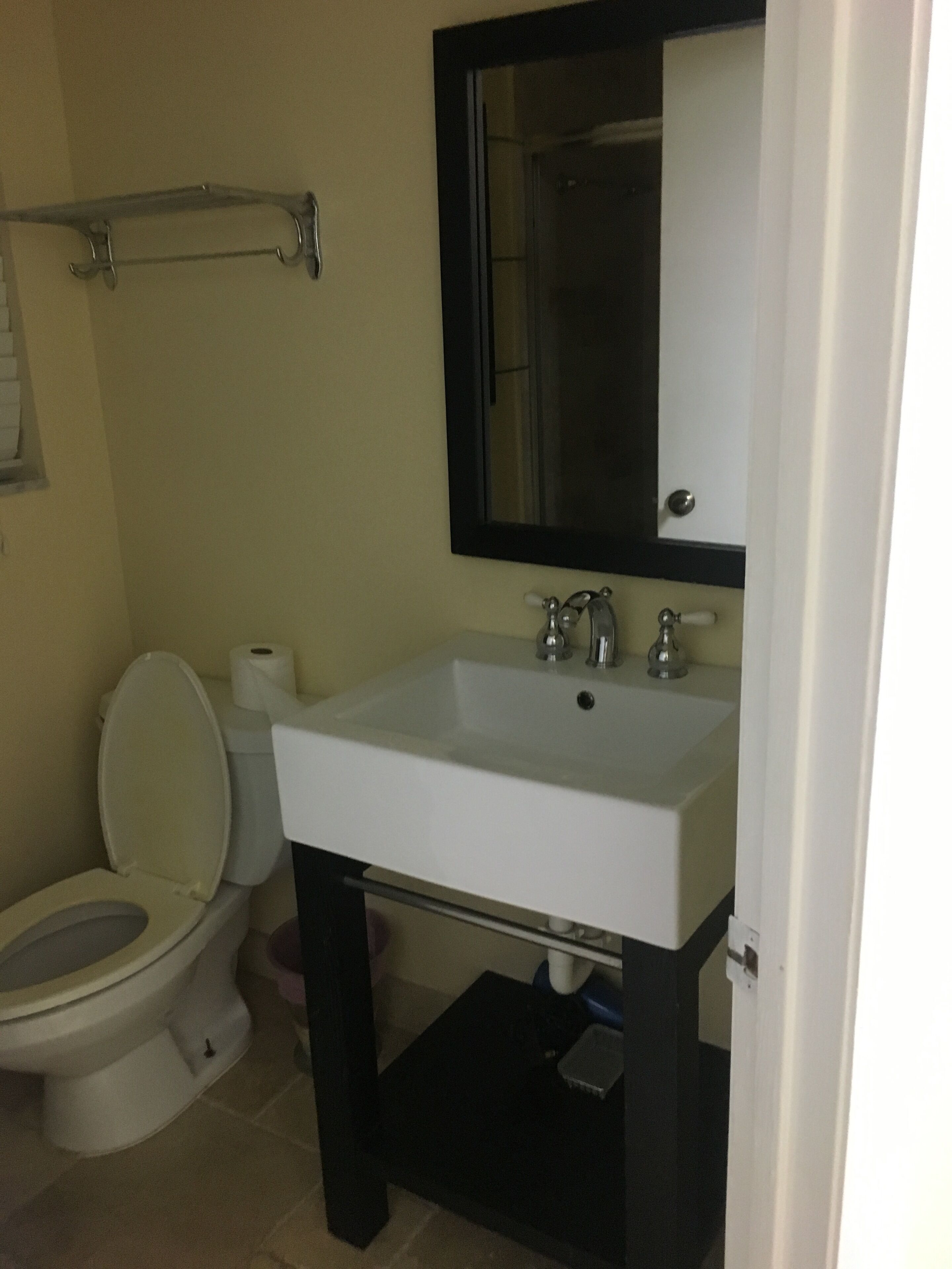 A bathroom with a toilet, sink, and mirror.