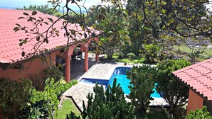 A pool surrounded by cacti and a covered patio area with a red roof. - Spectacular views in very private and exquisitely landscaped setting (Atenas)