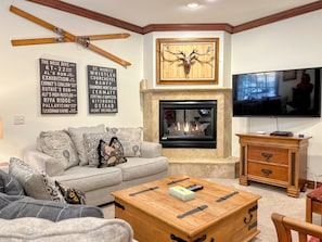 Smart TV, fireplace, video games, DVD player