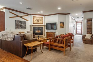 Smart TV, fireplace, video games, DVD player
