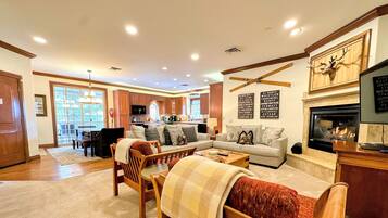 Smart TV, fireplace, video games, DVD player