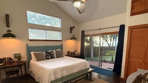 Un dormitorio con cama, un banco, un escritorio y una silla. Hay ventanas y una puerta.