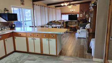 Smart TV, fireplace, foosball