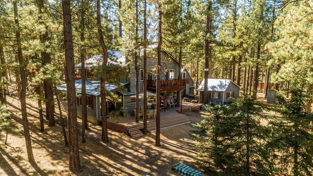 A cabin surrounded by tall pine trees, with a deck and outdoor seating area. - Family friendly retreat, private forested acreage (Big Bear Lake)