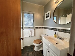 Combined shower/tub, hair dryer, towels, soap