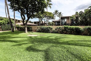 A well-maintained grassy area with a large tree and a building with multiple windows and balconies. - BEST LOCATION in Kihei! 1BD/1BA by the BEACH! A/C, Clean, Cozy, Wifi, Beach Gear (Kihei)