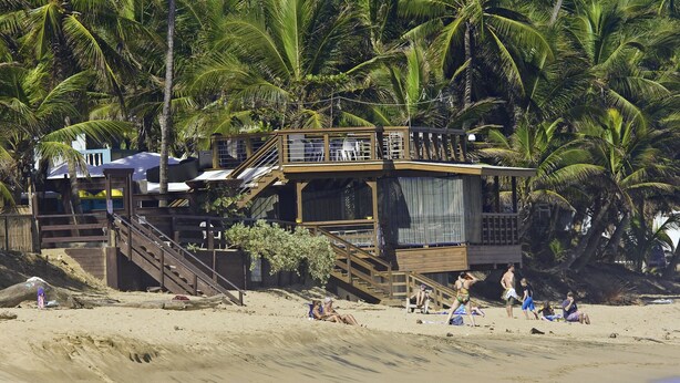 Una casa de playa con un muelle de madera y escaleras que conducen a un espacio cubierto, rodeada de palmeras.