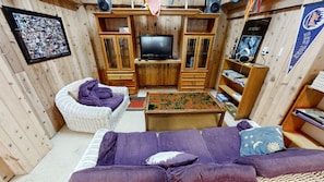TV, fireplace, DVD player, foosball
