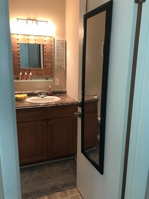 Hair dryer, towels, shampoo