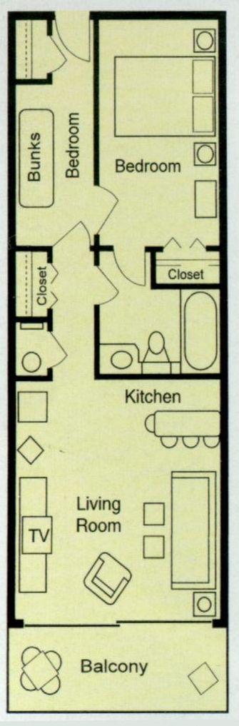 Ein Grundriss mit Wohnzimmer, Küche, zwei Schlafzimmern, einem Balkon und einem Fernseher.