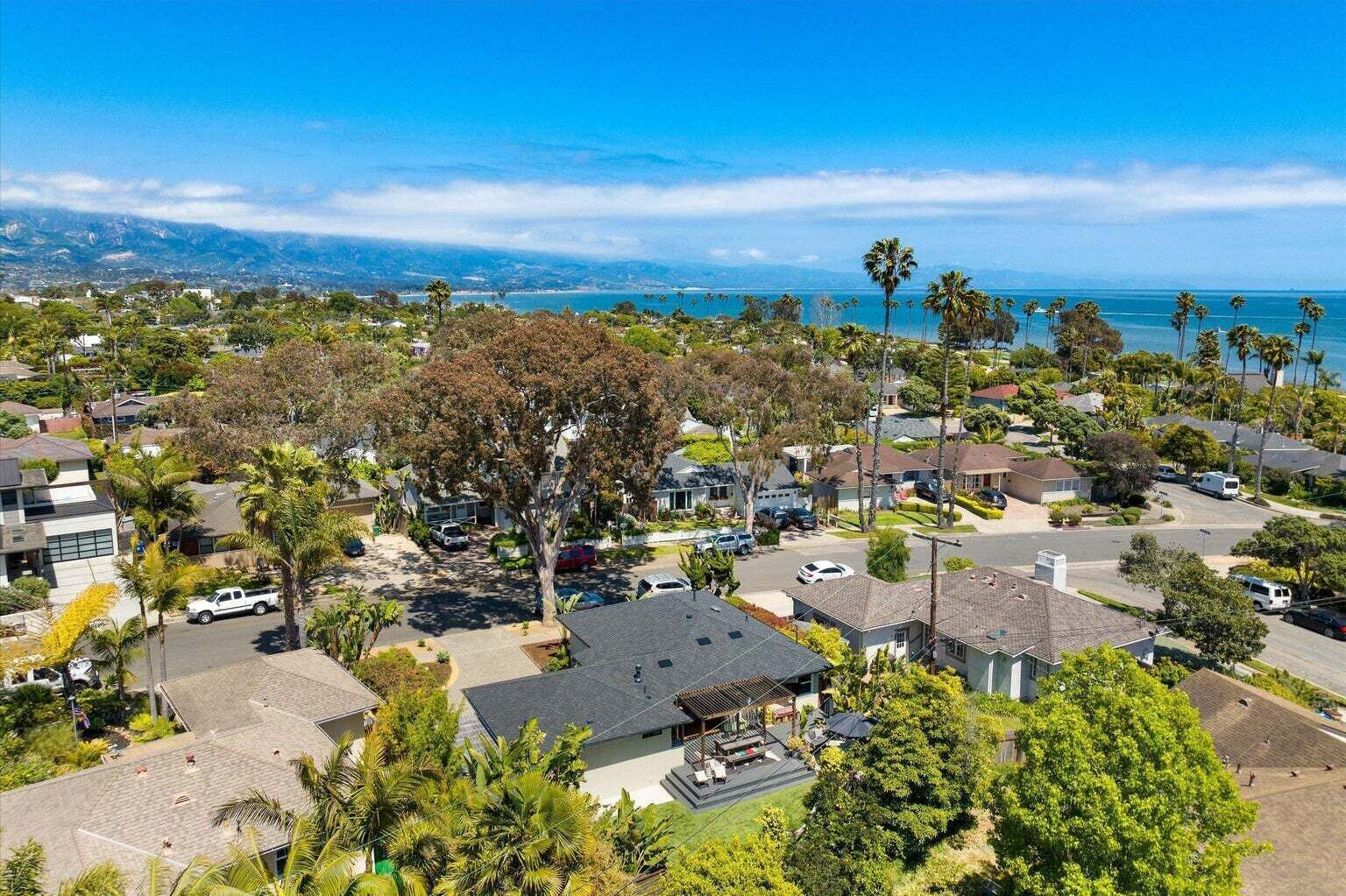 A residential area with houses, palm trees, and a view of the ocean.