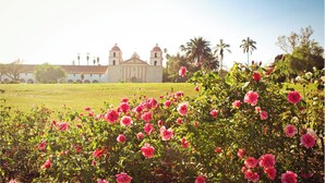 Un jardín con rosas rosadas en flor frente a un edificio histórico con dos torres.