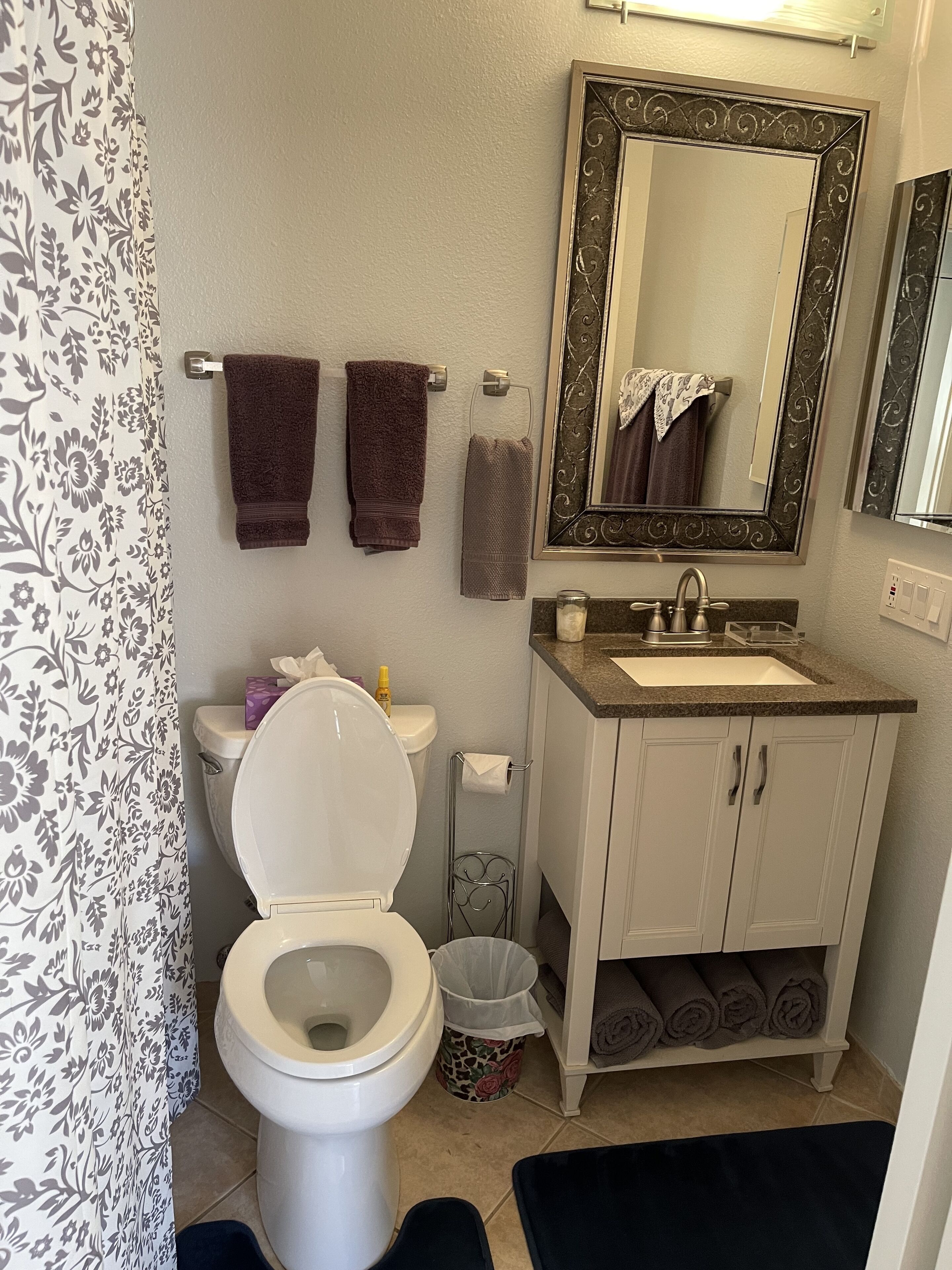 A bathroom with a toilet, sink, and mirror. There are two towels hanging on the wall.