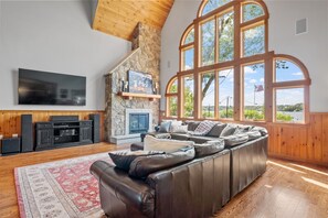 Smart TV, fireplace, video games, DVD player