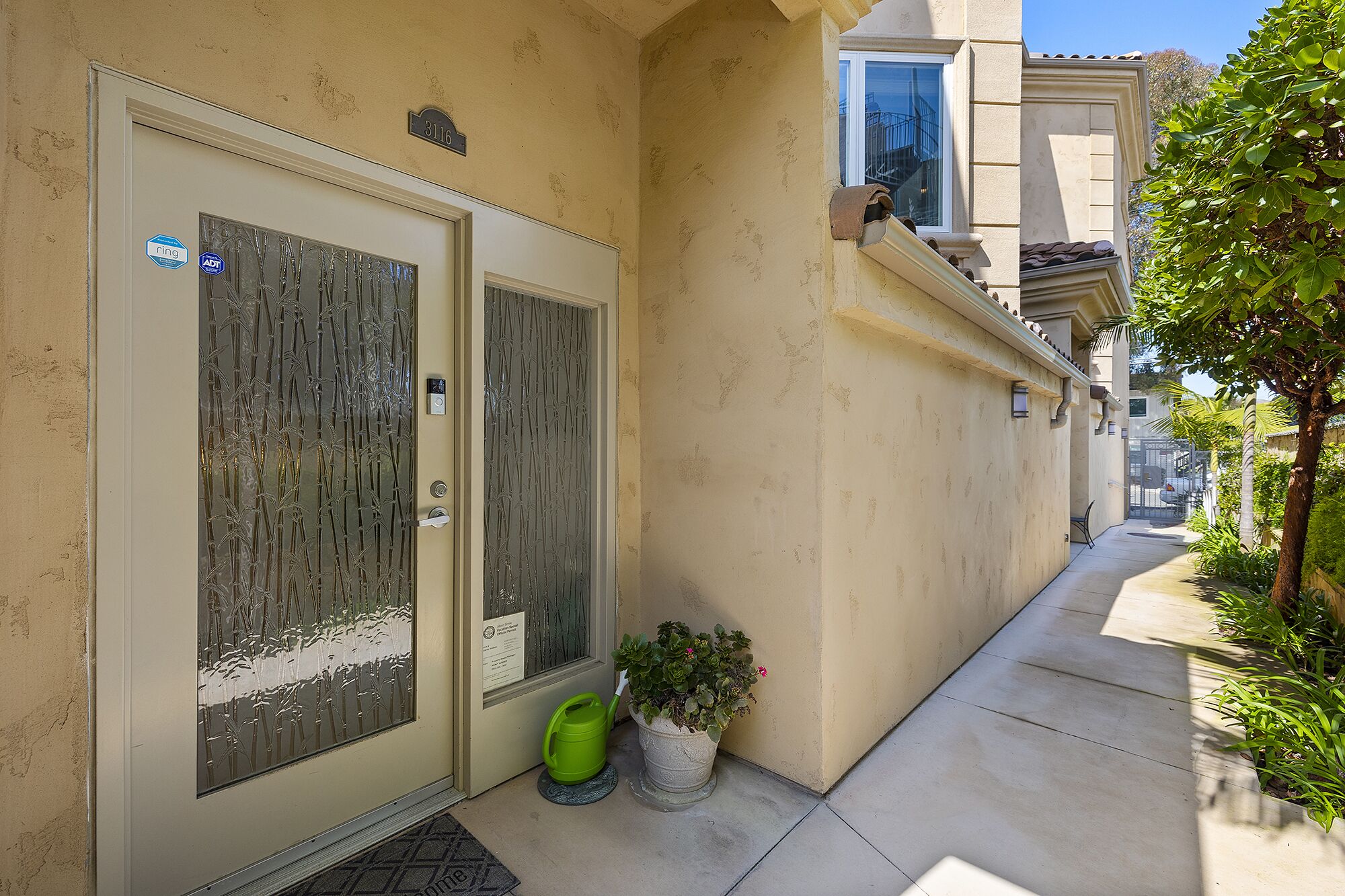 A narrow alleyway with a beige building, a green bucket, and a potted plant.