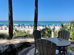 On the beach, sun loungers