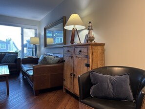 TV connectée, cheminée, livres