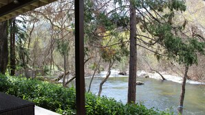 A covered outdoor area with a view of a river and surrounding trees. - Riverfront North Fork Kaweah - 1500 Ft of your own river! (Three Rivers)