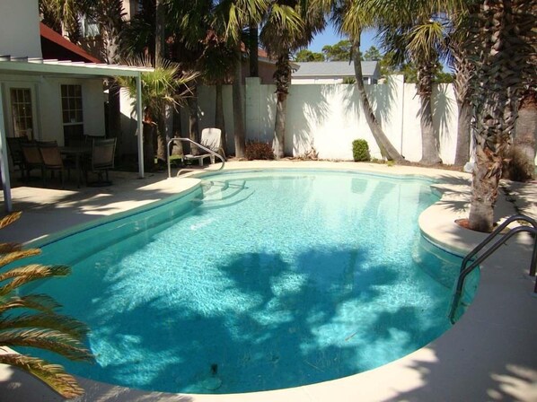 Relax by the pool surrounded by palm trees and a covered seating area.