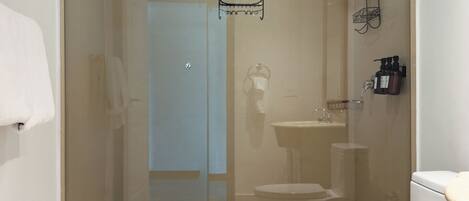 A modern bathroom with a glass-enclosed shower, a white toilet, and a sink.