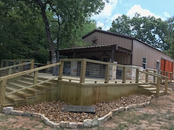 The large front deck overlooking the lake is where we spend most of our time!