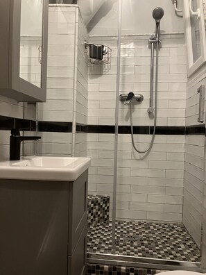 Hair dryer, towels, toilet paper