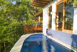 A private pool with a wooden deck and lounge chairs, surrounded by lush greenery.