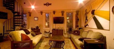 LCD TV, DVD player, video library, stereo