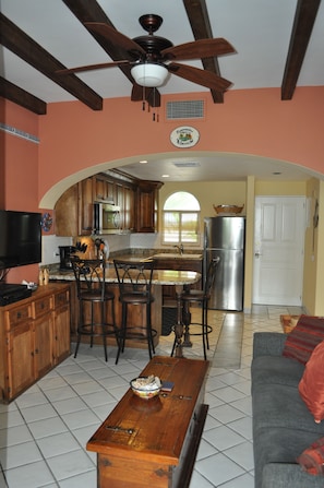 TV, DVD player, books, video library