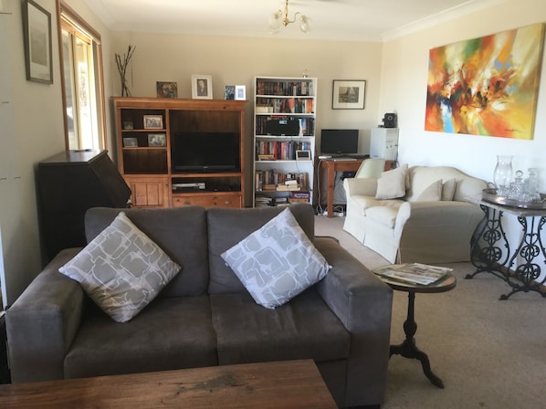 TV, fireplace, DVD player, books