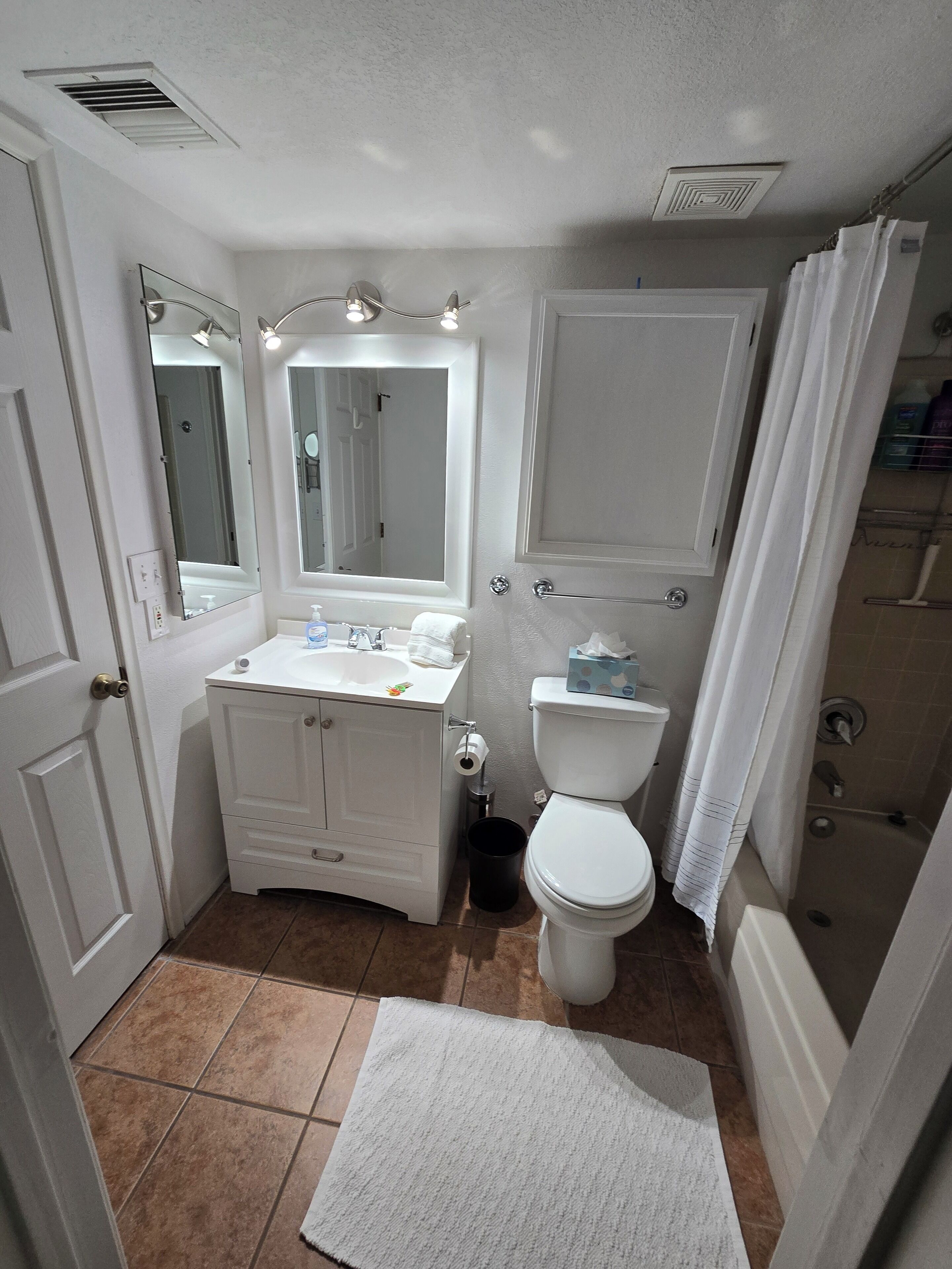 Ein Badezimmer mit Waschbecken, Spiegel und Toilette, einer Duschvorhang und einem weißen Teppich.
