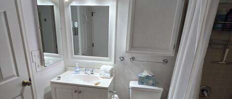Ein Badezimmer mit Waschbecken, Spiegel und Toilette, einer Duschvorhang und einem weißen Teppich.