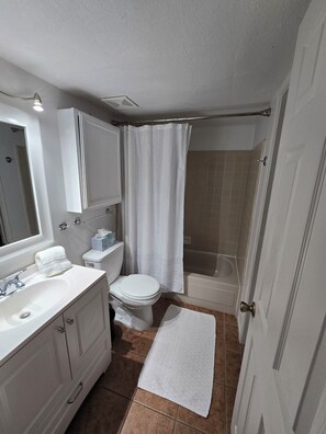 Combined shower/bathtub, hair dryer, towels, soap