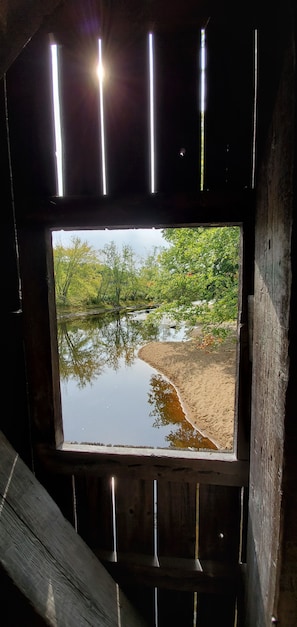 Janela com vista para uma paisagem natural, incluindo um corpo d'água e árvores.