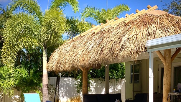 A pool with a thatched roof structure, lounge chairs, and a palm tree in the background. - Renovated 3BR/2BA with large heated saltwater pool & tiki bar (Oakland Park)