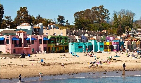 On the beach, sun-loungers