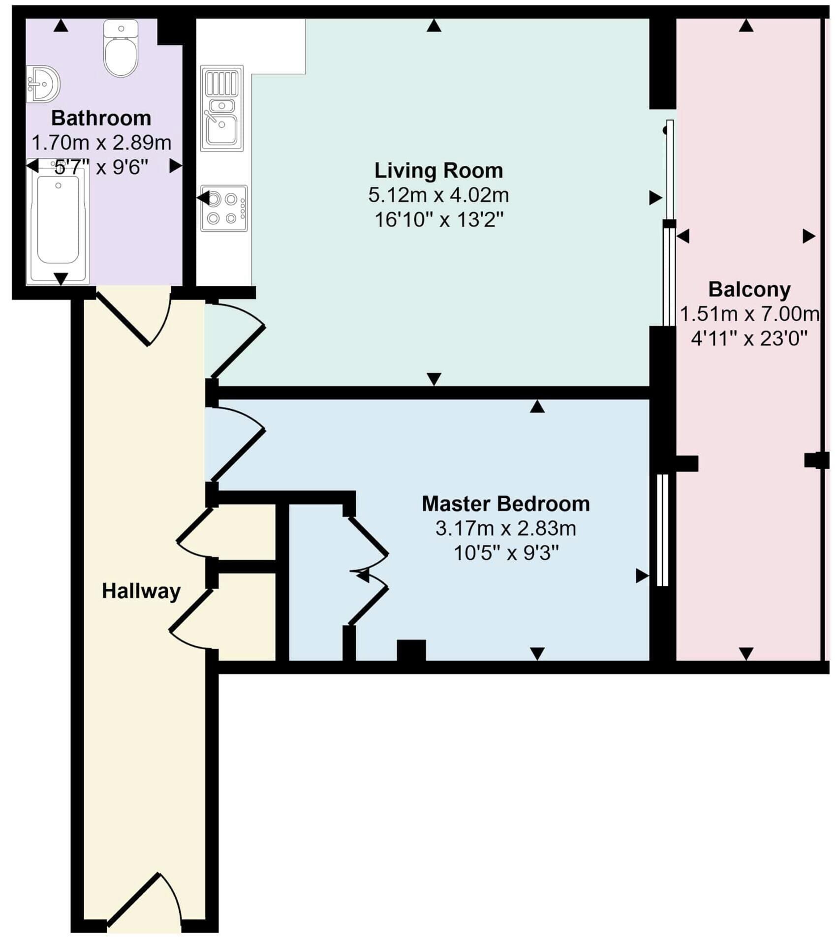 A floor plan with a bathroom, living room, balcony, master bedroom, and hallway.