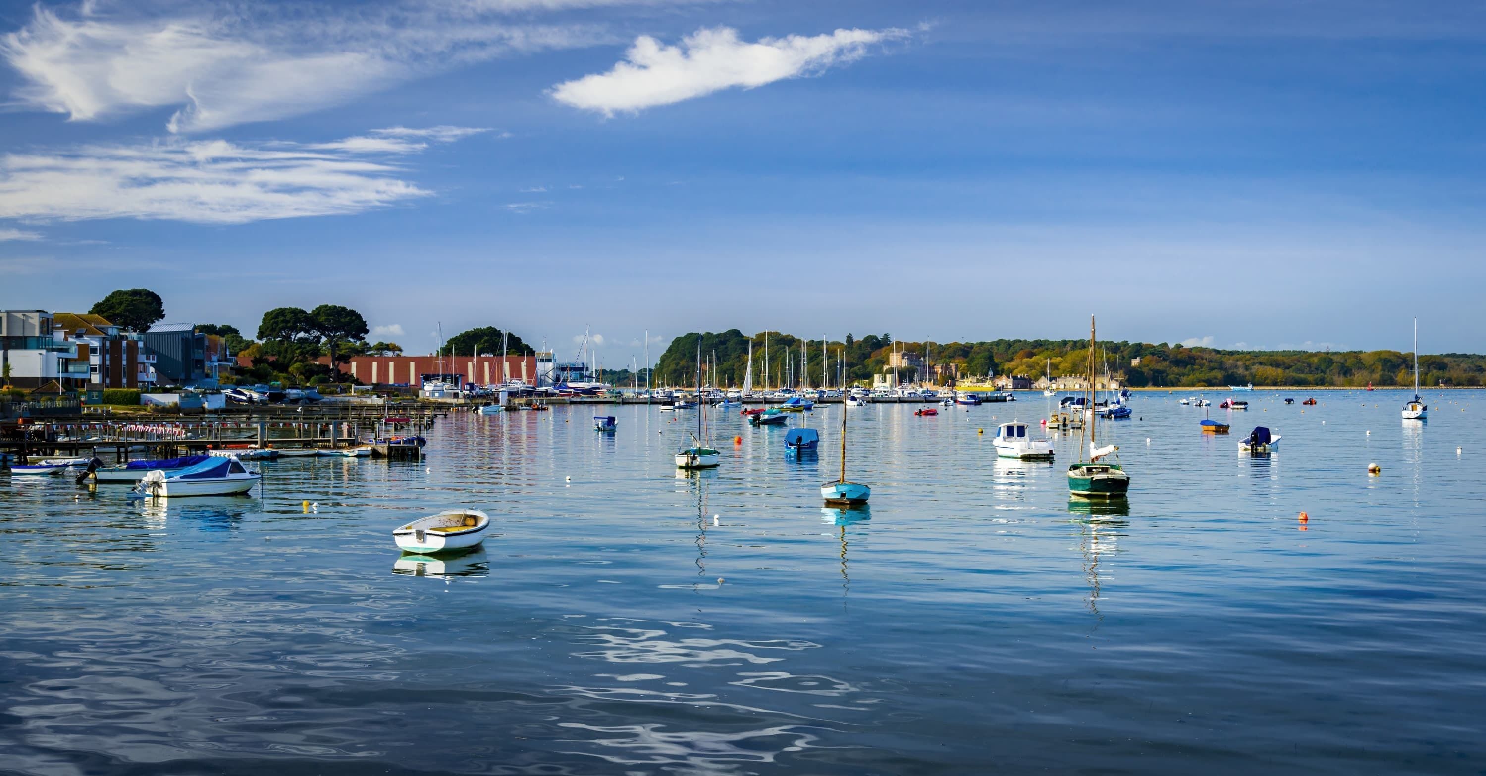 Un port de plaisance où sont amarrés différents types de bateaux, avec une eau calme et des bâtiments en arrière-plan.