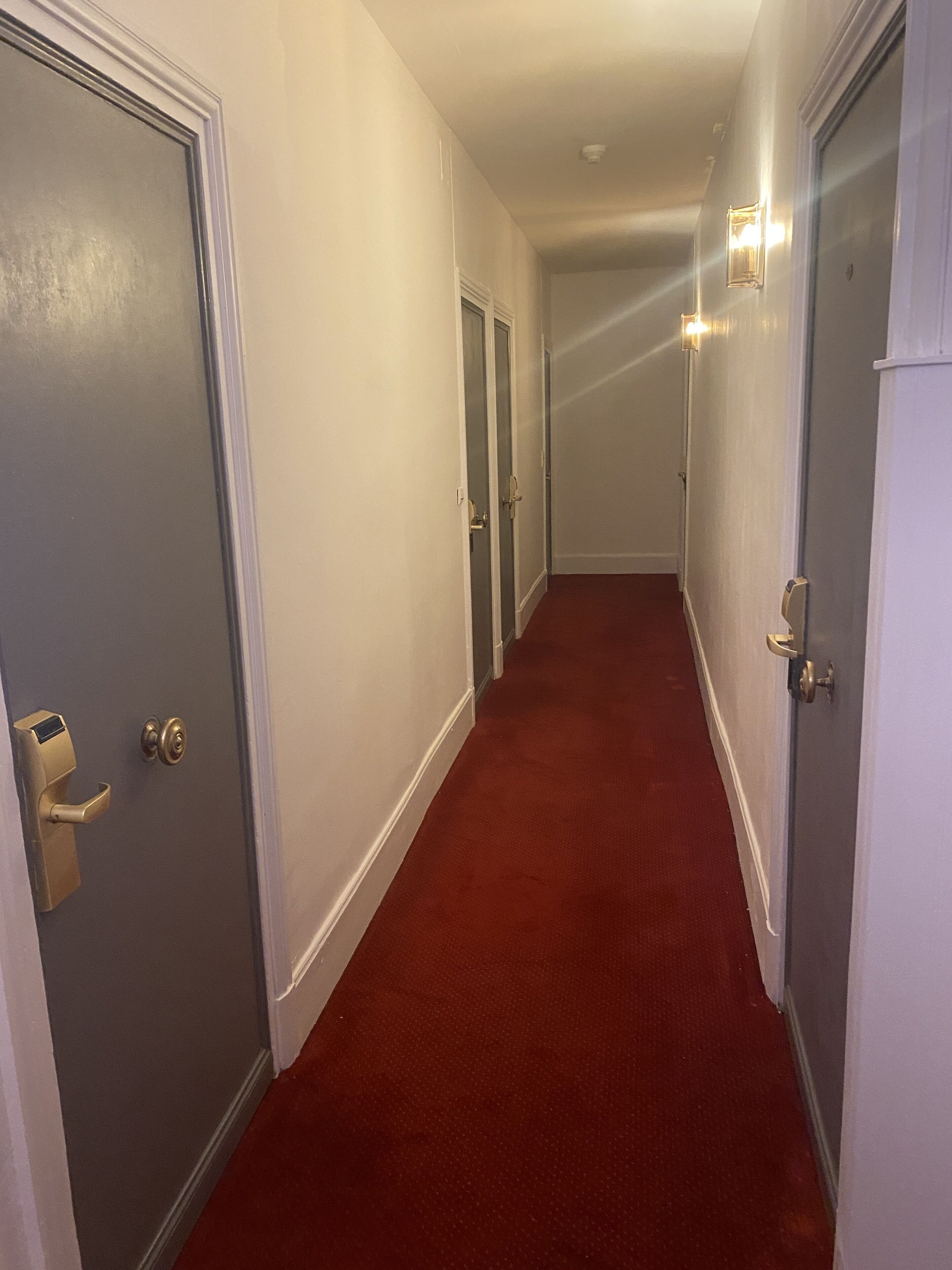 A narrow hallway with red carpet, white walls, and doors with brass handles.