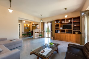 TV, DVD player, books, stereo