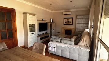 Smart-tv, een open haard, een dvd-speler en boeken