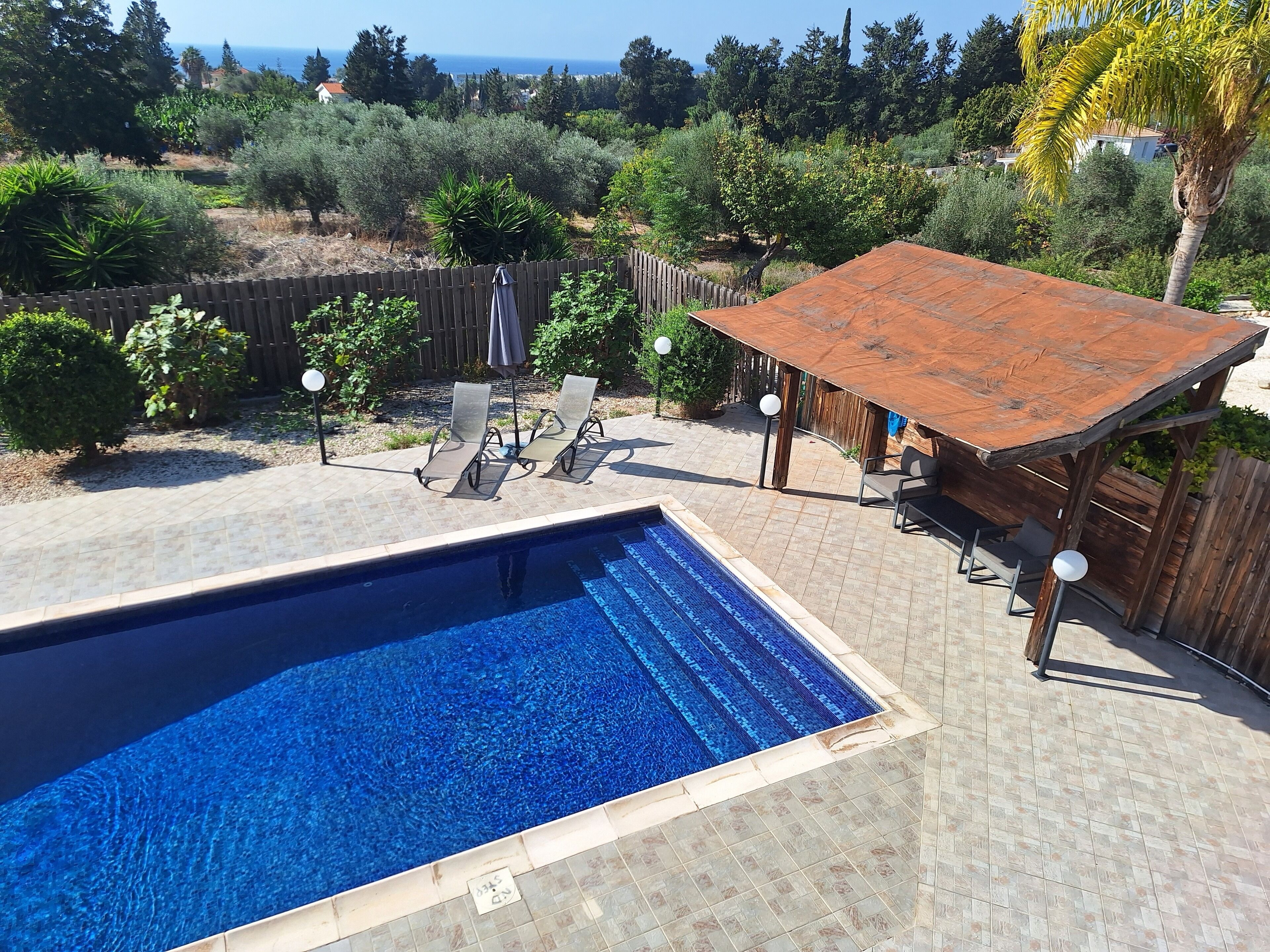 A rectangular swimming pool with a tiled deck, surrounded by a wooden fence and various plants.