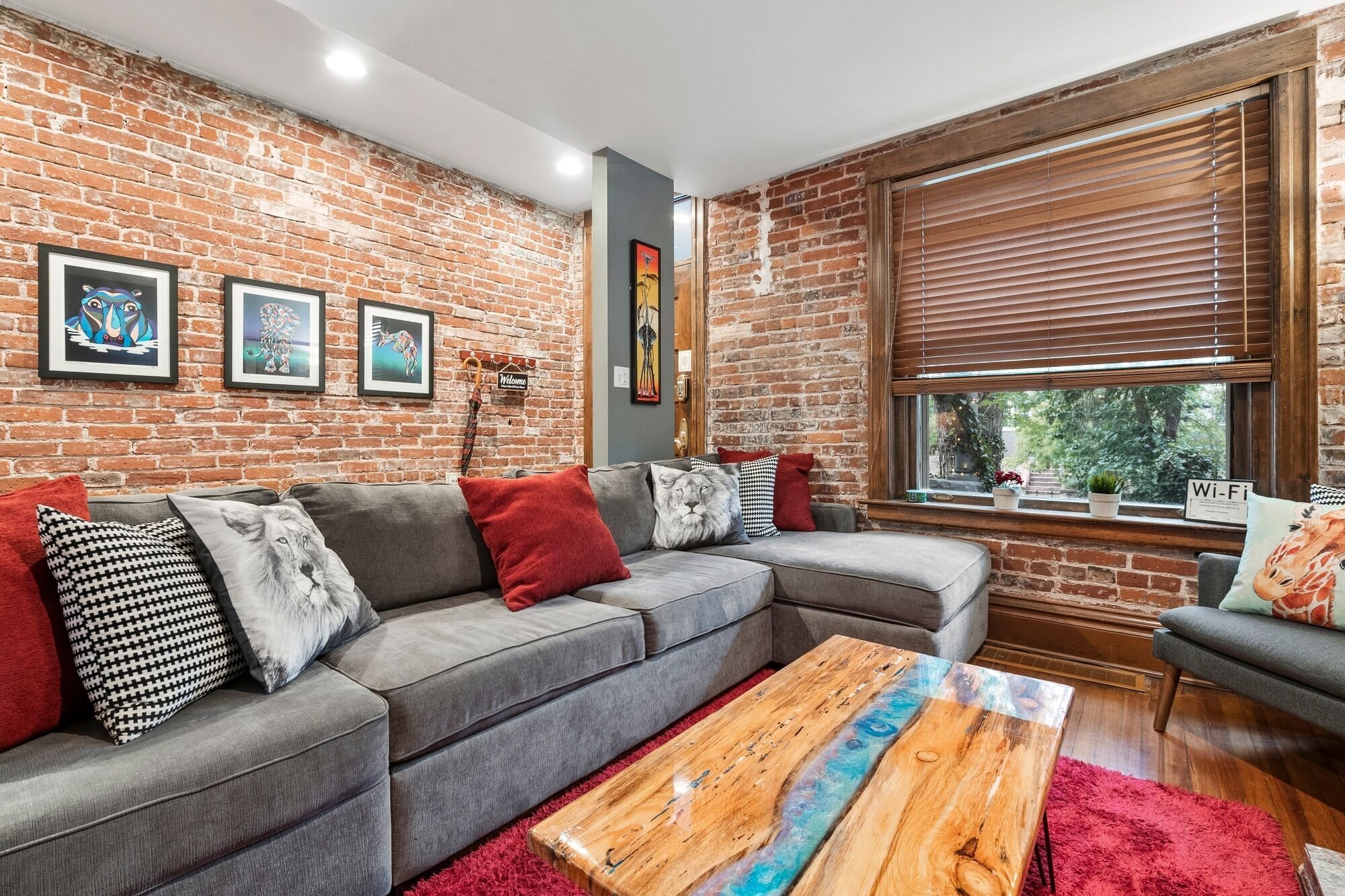 TV, fireplace, books, music library